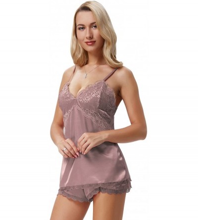 Nightgowns & Sleepshirts Women's Satin Short Pajama Sleepwear Cami Set Silky Lace Nightwear 2 Piece Lingerie Short Pjs Set S-...
