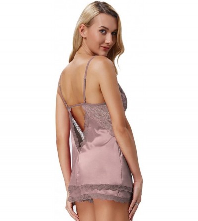 Nightgowns & Sleepshirts Women's Satin Short Pajama Sleepwear Cami Set Silky Lace Nightwear 2 Piece Lingerie Short Pjs Set S-...