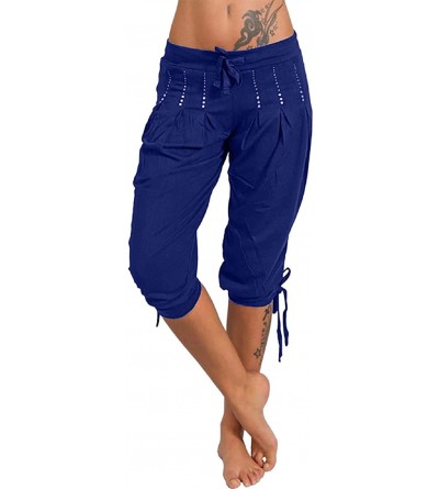 Bottoms Women's Drawstring Capri Pajama Pants Cropped Lounge Pants with Pockets Harem Pants - Blue - CT18T0HS8WU $18.11