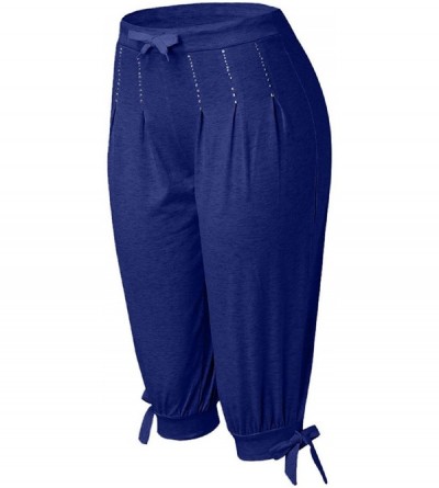 Bottoms Women's Drawstring Capri Pajama Pants Cropped Lounge Pants with Pockets Harem Pants - Blue - CT18T0HS8WU $18.11