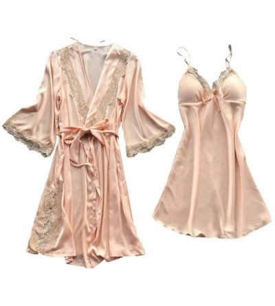 Robes Women Sexy Lace Sleepwear Lingerie Temptation Camisole Nightdress Nightgown with Belt - Beige 3 - CX19D8E8KMQ $17.57