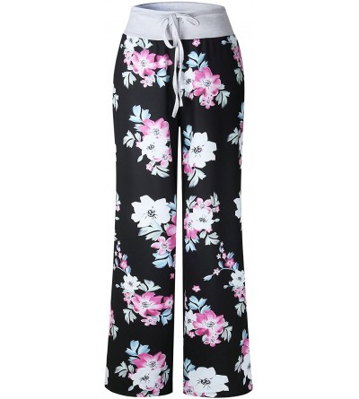 Bottoms Women's Summer Casual Pajama Pants Floral Print Drawstring Palazzo Lounge Pants Wide Leg - Black3 - CX18EGIHHOH $19.39