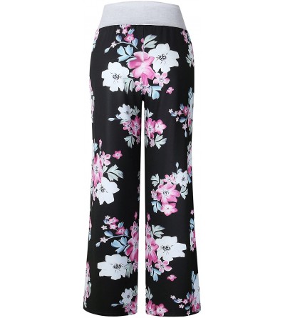 Bottoms Women's Summer Casual Pajama Pants Floral Print Drawstring Palazzo Lounge Pants Wide Leg - Black3 - CX18EGIHHOH $19.39