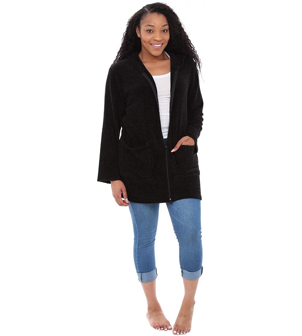 Robes Knit Fleece Zip Up Hoodie- Zipped Cardigan Sweater Robe - Black With Hood - C018D795ID5 $27.04