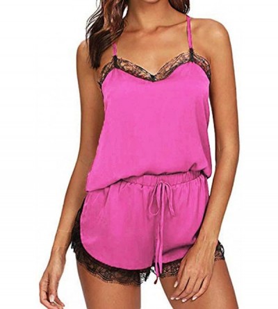 Sets Women's Pajama Cami Set Silky Lace Nightwear 2 Piece Lingerie Short Strap Top Sleepwear - G_hot Pink - CM19547MTS2 $12.69