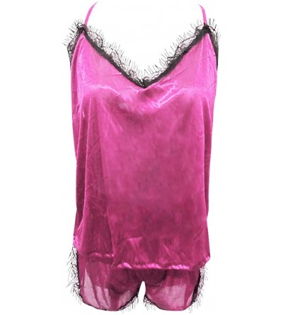 Sets Women's Pajama Cami Set Silky Lace Nightwear 2 Piece Lingerie Short Strap Top Sleepwear - G_hot Pink - CM19547MTS2 $12.69