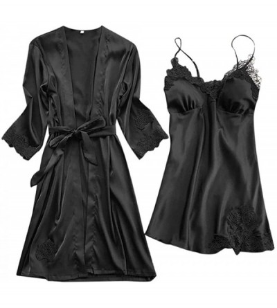 Tops Sexy Lingerie Women Silk Lace Robe Dress Soft Babydoll Loose Nightdress Kimono Sleepwear - X-black - CP18S3D0GQX $13.31