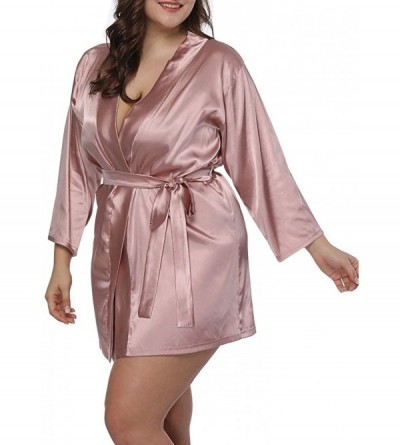 Robes Women Plus Size Satin Wrap Front Kimono Robes Short Pajamas with Belt - Pink - C918CXCNK4N $24.27