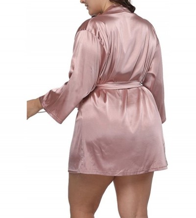 Robes Women Plus Size Satin Wrap Front Kimono Robes Short Pajamas with Belt - Pink - C918CXCNK4N $24.27