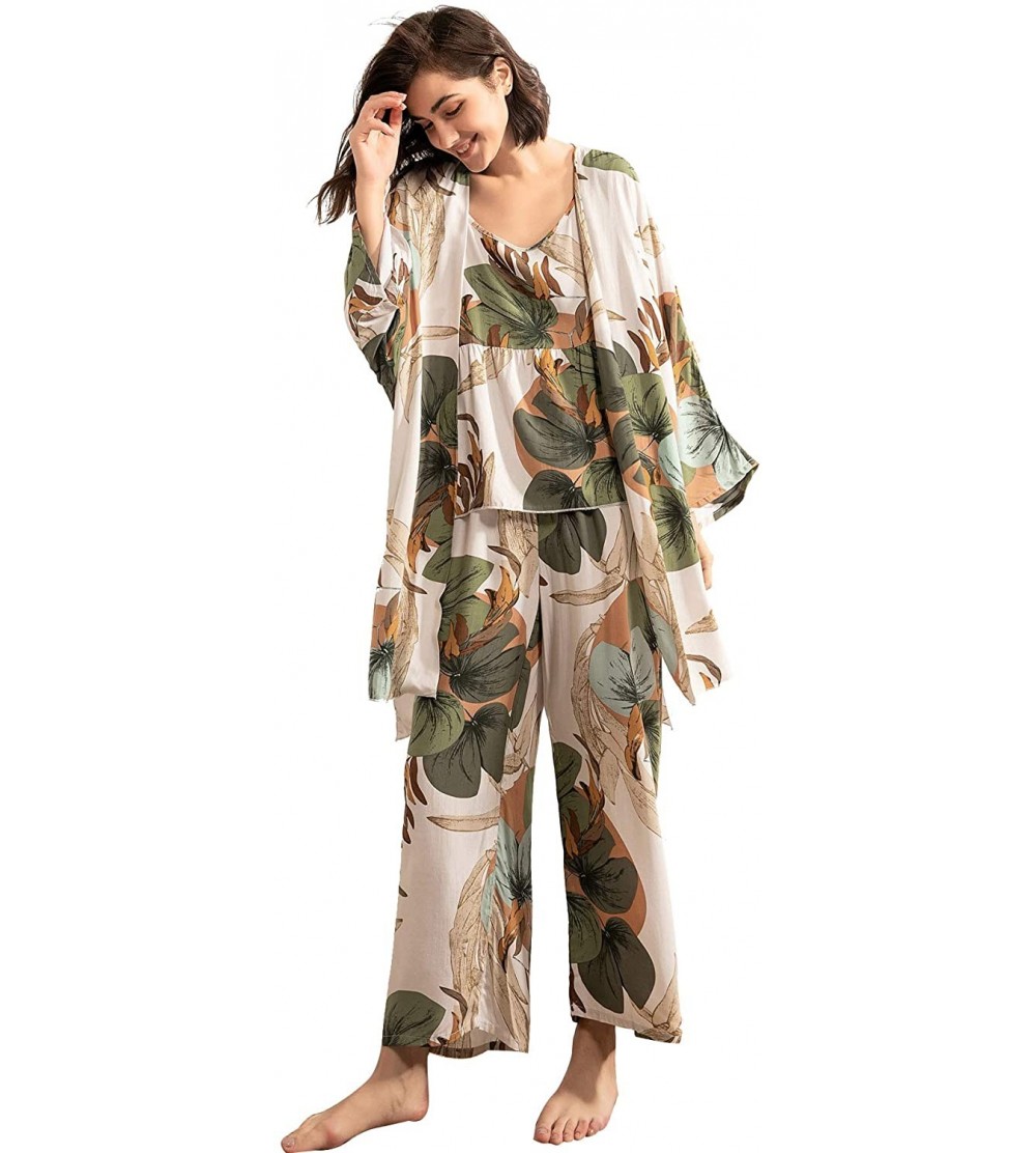 Sets Women's Sleepwear 3 pcs Leaf Print Cami and Pants Pajama Set with Robe - Multicolor - CB18ADGA3XM $36.54