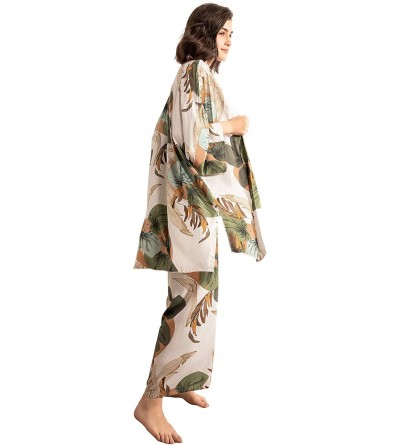 Sets Women's Sleepwear 3 pcs Leaf Print Cami and Pants Pajama Set with Robe - Multicolor - CB18ADGA3XM $36.54