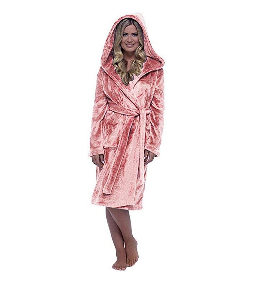 Robes Womens Winter Sherpa Bathrobe Soft Warm Fleece Long Robe Comfy Plush Fleece Shawl Knee Length with Hood Pink - CC193WGM...