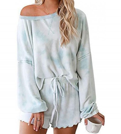Sets Loose Pajamas Sets for Womens Tie Dye Printed Ruffle Short Lounge Sleepwear Long Sleeve Tops + Drawstring Shorts Green -...