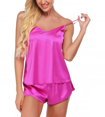 Sets Sleepwear Womens Sexy Lingerie Satin Pajamas Cami Shorts Set Nightwear - Rose Red - C3193TSNWT4 $15.92