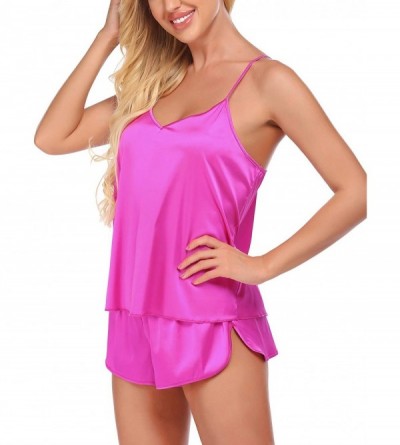 Sets Sleepwear Womens Sexy Lingerie Satin Pajamas Cami Shorts Set Nightwear - Rose Red - C3193TSNWT4 $15.92