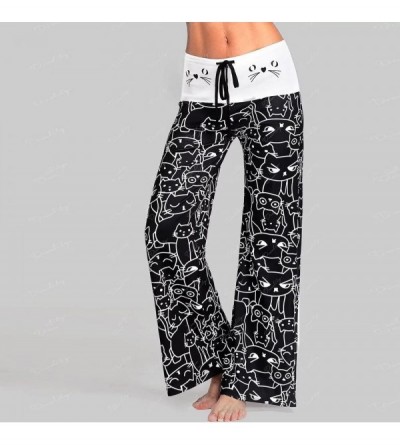 Bottoms Women Comfy Casual Pajama Pants High Waist Stretch Floral Print Drawstring Palazzo Lounge Pants Wide Leg 10 Black - C...