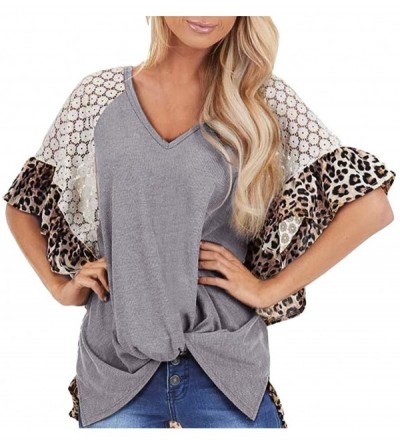 Nightgowns & Sleepshirts Womens Leopard Short Sleeve Twist Knot Patchwork O-Neck Casual Tunic Tops - J-gray - C8195Q28MLQ $27.04