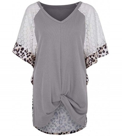 Nightgowns & Sleepshirts Womens Leopard Short Sleeve Twist Knot Patchwork O-Neck Casual Tunic Tops - J-gray - C8195Q28MLQ $17.79