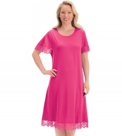 Nightgowns & Sleepshirts Ultra-Soft and Flattering Lace Trim Nightgown with Scoop Neckline and Short Sleeves - Fuchsia - CR19...