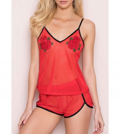 Sets Lingerie for Women Rose Cami Set- Sexy Sheer Mesh Summer Breathable Pajamas Short Sleepwear Set - Red - CA18WM3YLS3 $19.55