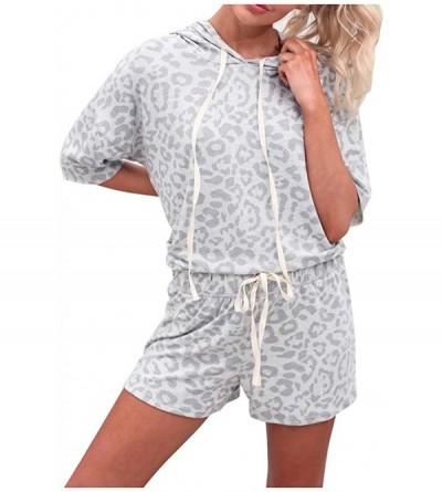 Sets Womens Leopard Pajamas Set Hoodies Drawstring Top Sweatshirt Elastic Waist Shorts Sleevewear Loungewear Nightgown Gray -...