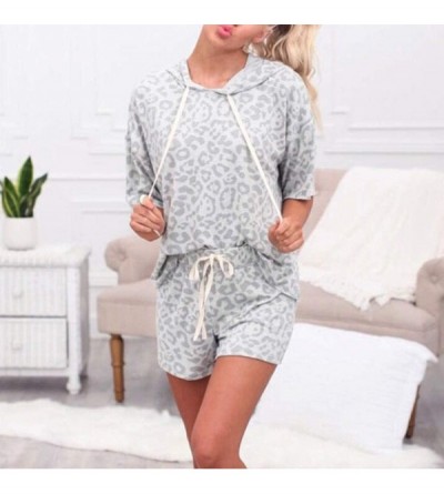 Sets Womens Leopard Pajamas Set Hoodies Drawstring Top Sweatshirt Elastic Waist Shorts Sleevewear Loungewear Nightgown Gray -...