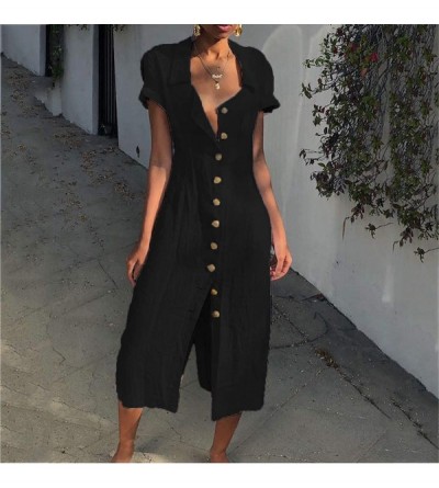 Nightgowns & Sleepshirts Women Casual Sexy Solid Casual Button Short Sleeve Loose Party Long Linen Dress Mid-Calf - Black - C...
