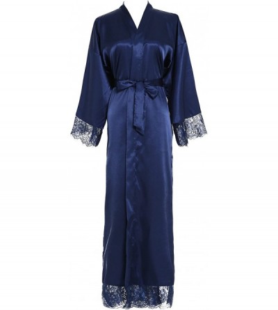 Robes Women's Kimono Robe Long Lace Trim Bridesmaid Robes Bridal Robe - Navy - CL18DXOS0K0 $34.77