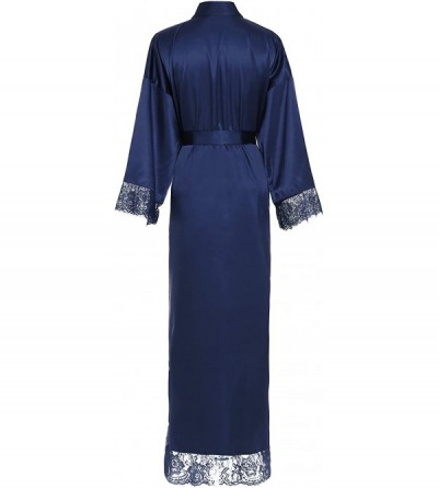 Robes Women's Kimono Robe Long Lace Trim Bridesmaid Robes Bridal Robe - Navy - CL18DXOS0K0 $34.77