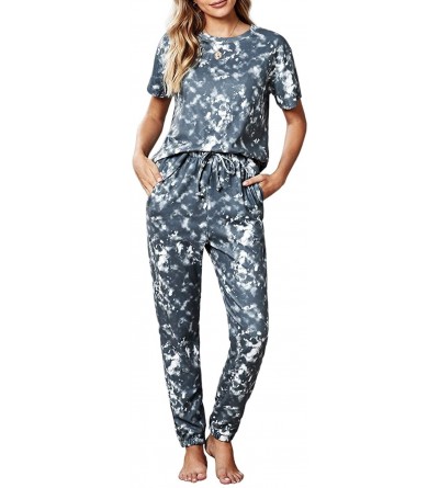Sets Women Tie Dye Printed Pajamas Set Crewneck Long Sleeve Tee and Jogger Pants PJ Set Loungewear Nightwear Sleepwear - C Gr...