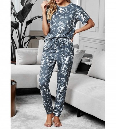 Sets Women Tie Dye Printed Pajamas Set Crewneck Long Sleeve Tee and Jogger Pants PJ Set Loungewear Nightwear Sleepwear - C Gr...