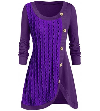 Thermal Underwear Plus Size Women O-Neck Long Sleeve Solid Botton Pachwork Asymmetric Tops Sweater - Purple - CR192A8N9K7 $23.29