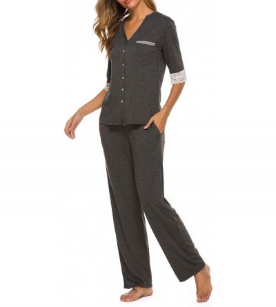 Sets Women Pajamas Set Lace Short Sleeve Soft Sleepwear Pj Sets V Neck Button Down Nightwear with Long Pants Dark Grey - CA18...