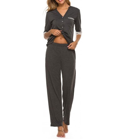 Sets Women Pajamas Set Lace Short Sleeve Soft Sleepwear Pj Sets V Neck Button Down Nightwear with Long Pants Dark Grey - CA18...