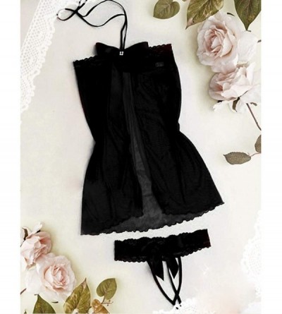 Baby Dolls & Chemises Women's Intimates Lingerie Lace Bow Halter Babydoll Sleepwear Naughty Bodysuit Dress-Underpant Set - Bl...