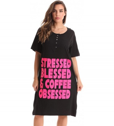 Nightgowns & Sleepshirts Short Sleeve Nightgown Sleep Dress for Women Sleepwear - Black - Coffee Obsessed - CV18LSNQ8Z0 $16.89