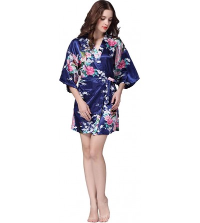 Robes Ladies Elegant Nightgown Sleepshirts Kimono Peacock Print Nightdress Sleepwear Bathrobes - Navy Blue - CY197YN77C8 $27.33