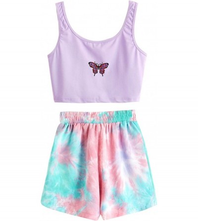 Sets Women's 2 Pieces Outfits Butterfly Print Crop Top Tee and Tie Dye Shorts Set - Multicolored - CI19ELX6T98 $16.45