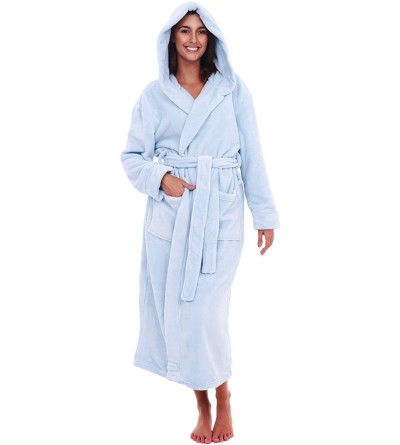 Robes Women's Plush Fleece Robe with Hood- Warm Solid Bathrobe - Light Blue - CS197EXSQYQ $47.12