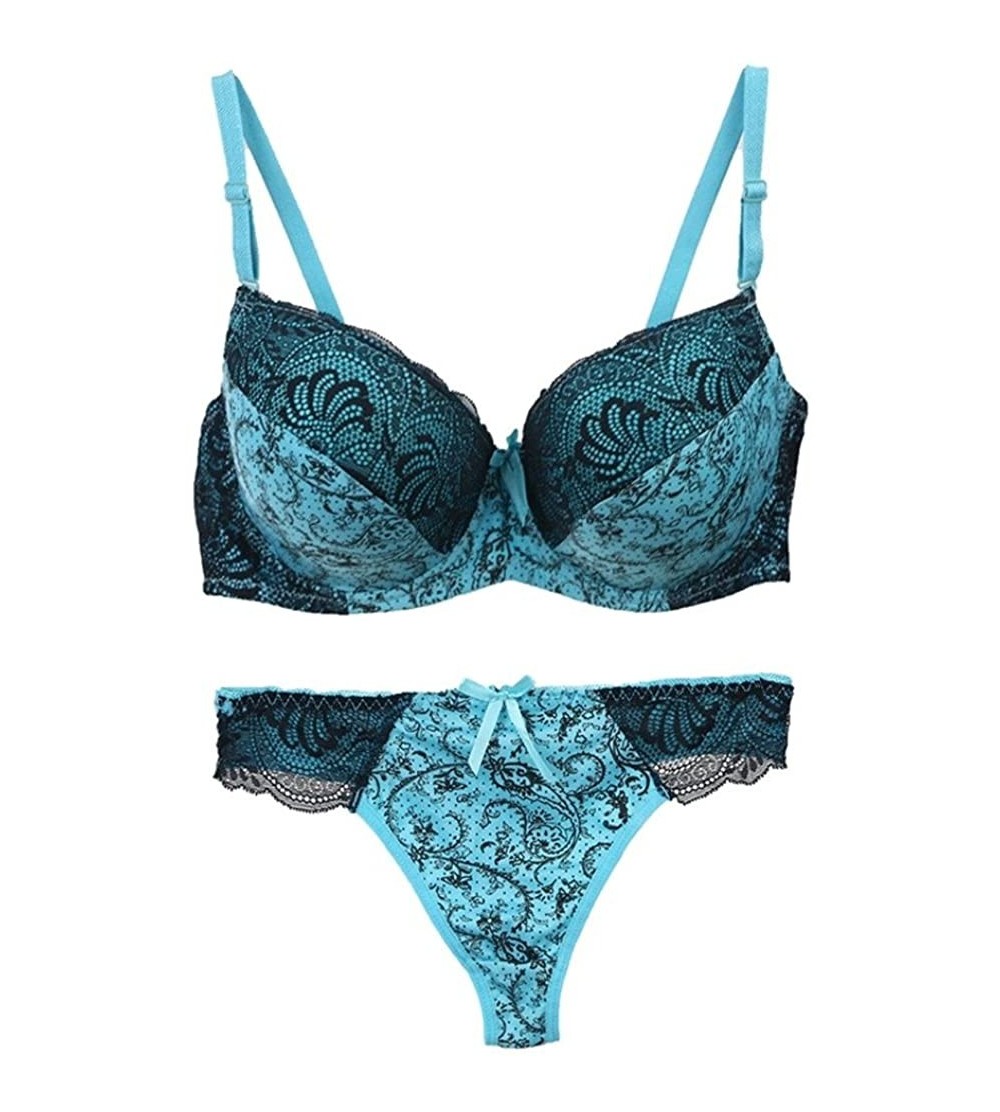 Bras Women's Comfort Sexy Underwire Push Up Embroidered Lace Bra and Thongs Set - Blue - C1180CI4K68 $18.50