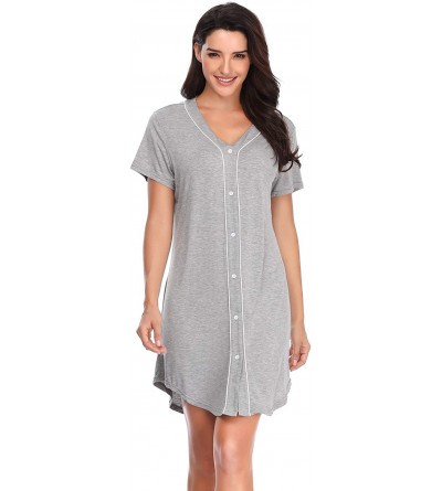 Nightgowns & Sleepshirts Nightgown Women's Long Sleeve Nightshirt Boyfriend Sleep Shirt Button-up Lapel Collar Sleepwear - Gr...