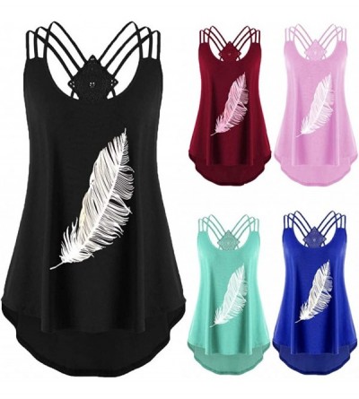 Tops Tank Tops for Women Feather Print Sleeveless Bandages Vest Top Strappy Summer Shirts - Black - CU199S0WI3I $18.87