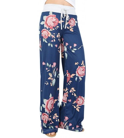 Bottoms Floral Prints High Waist Wide Leg Lounge Pants- Womens Comfy Stretch Leopard Print Drawstring Pants - B-blue - CK1947...