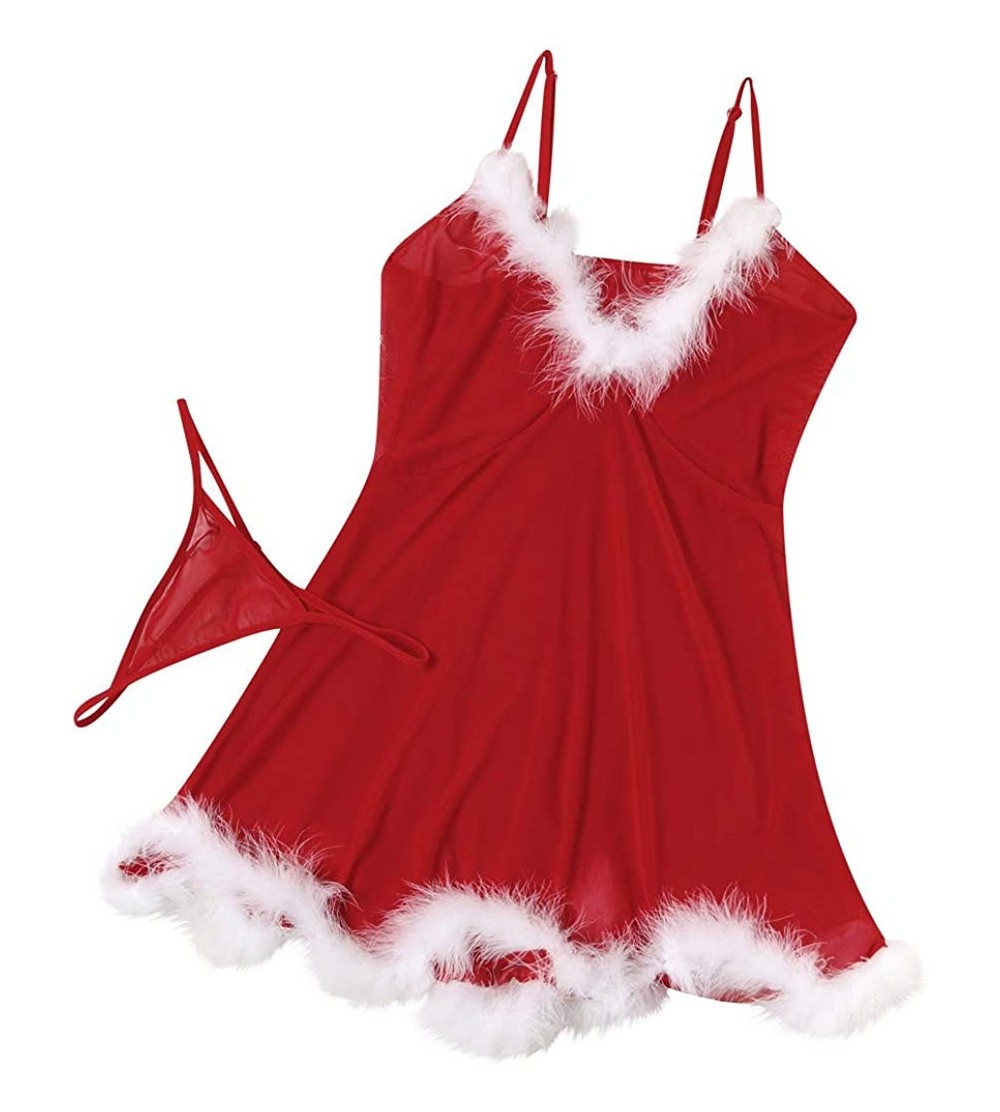 Baby Dolls & Chemises Women's Santa Lingerie Red Christmas Babydoll Set Strap Chemises Outfit Lace Sleepwear - Red - C218AWZA...
