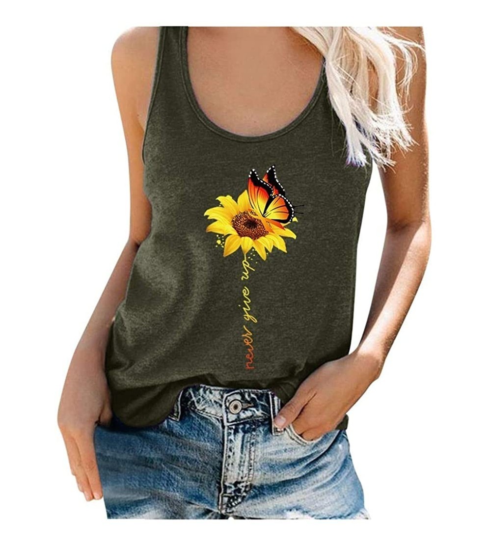 Thermal Underwear Womens Short Sleeve Women Plus Size Summer Sunflower Print Round Neck Sleeveless T Shirt Top Tank S army Gr...
