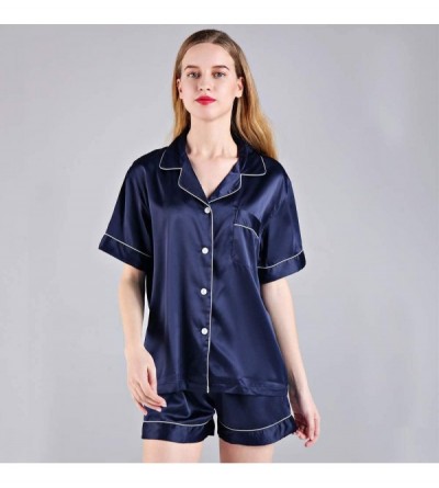 Sets Women Silk Satin Soft Pajama 2pc Set Button Down Sleepwear Loungewear for Bride and Bridesmaids - Navy Short Set - CO198...