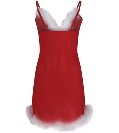 Baby Dolls & Chemises Women's Santa Lingerie Red Christmas Babydoll Set Strap Chemises Outfit Lace Sleepwear - Red - C218AWZA...