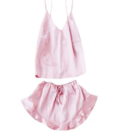 Sets Lace Pajamas Sets Womens Sexy Lingerie Satin Pajamas Cami Shorts Set Nightwear Sleeveless Sleepwear - Z Pink - C6196O5WD...