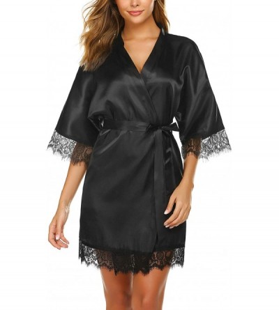 Robes Women's Pure Color Kimono Robes Short Satin Nightwear Bridesmaids Lingerie - Black - CB12N2KSOOY $20.19
