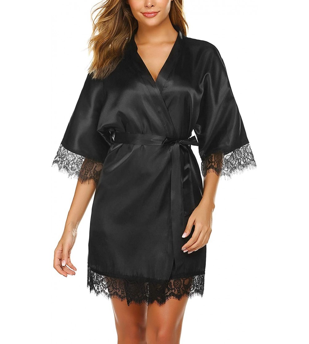 Robes Women's Pure Color Kimono Robes Short Satin Nightwear Bridesmaids Lingerie - Black - CB12N2KSOOY $20.19